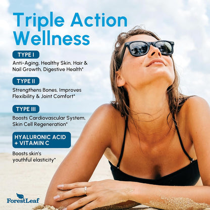 Woman in sunglasses and black bikini top with text about 'Triple Action Wellness' and ForestLeaf brand.