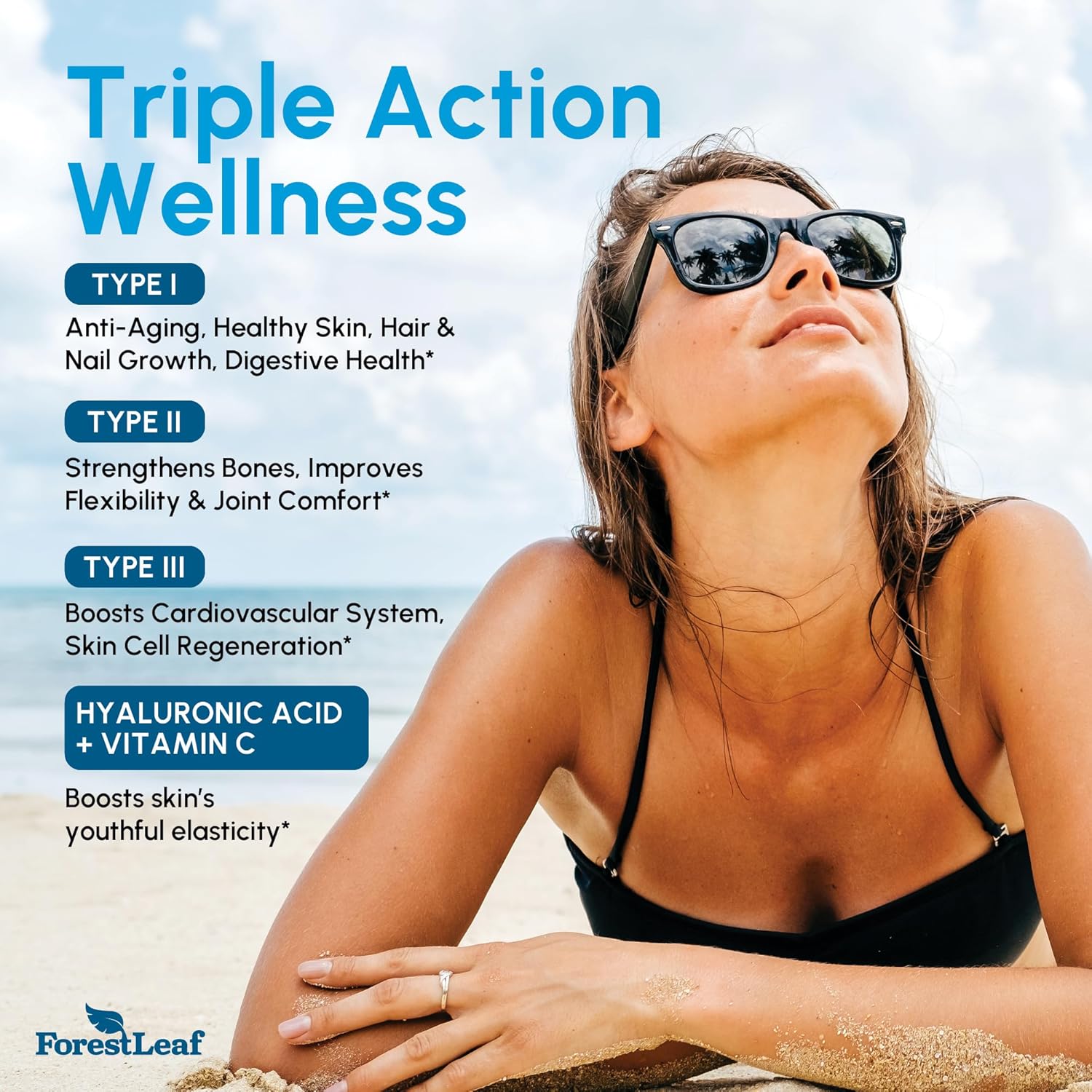 Woman in sunglasses and black bikini top with text about 'Triple Action Wellness' and ForestLeaf brand.
