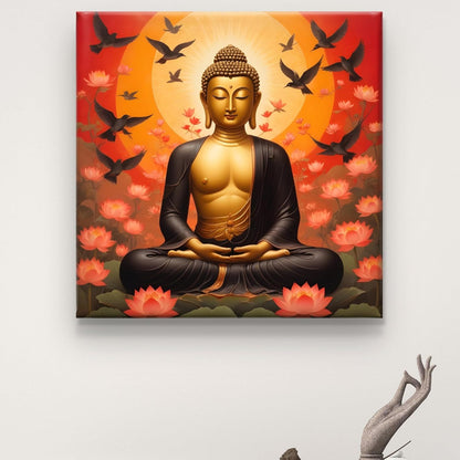 Buddha Wall Art Canvas, Meditation Lotus Flowers, Spiritual Zen Decor with Birds, Orange Sunset Background 16 Inch x 16 Inch CVS-38103