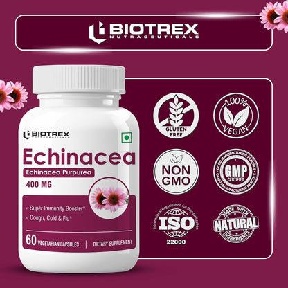 Biotrex Nutraceuticals Echinacea 400mg | Immunity & Anti-inflammatory Effects | Antioxidant Properties | Skin Health & Overall Wellbeing – 60 Veg Capsules
