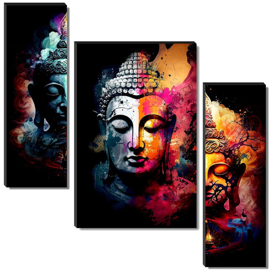 Multicolor Abstract Buddha Wall Art – 3-Panel UV-Printed Modern Zen Triptych | Ready-to-Hang Spiritual Meditation Décor for Home or Office (20 Inch x 12 Inch) JM-35301