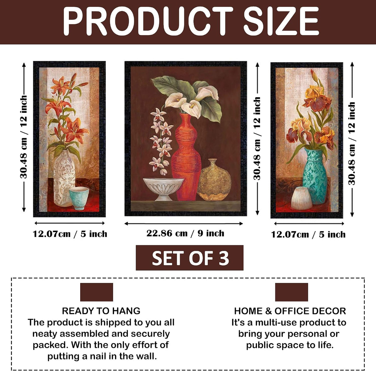 Wall Painting Frames For decor, Pictures Frame For Living Room, Home Decoration, Bedroom, Set of 3, 1pc- 23 x 30 cm, 2pc- 12.5 x 30 cm (Design 5)