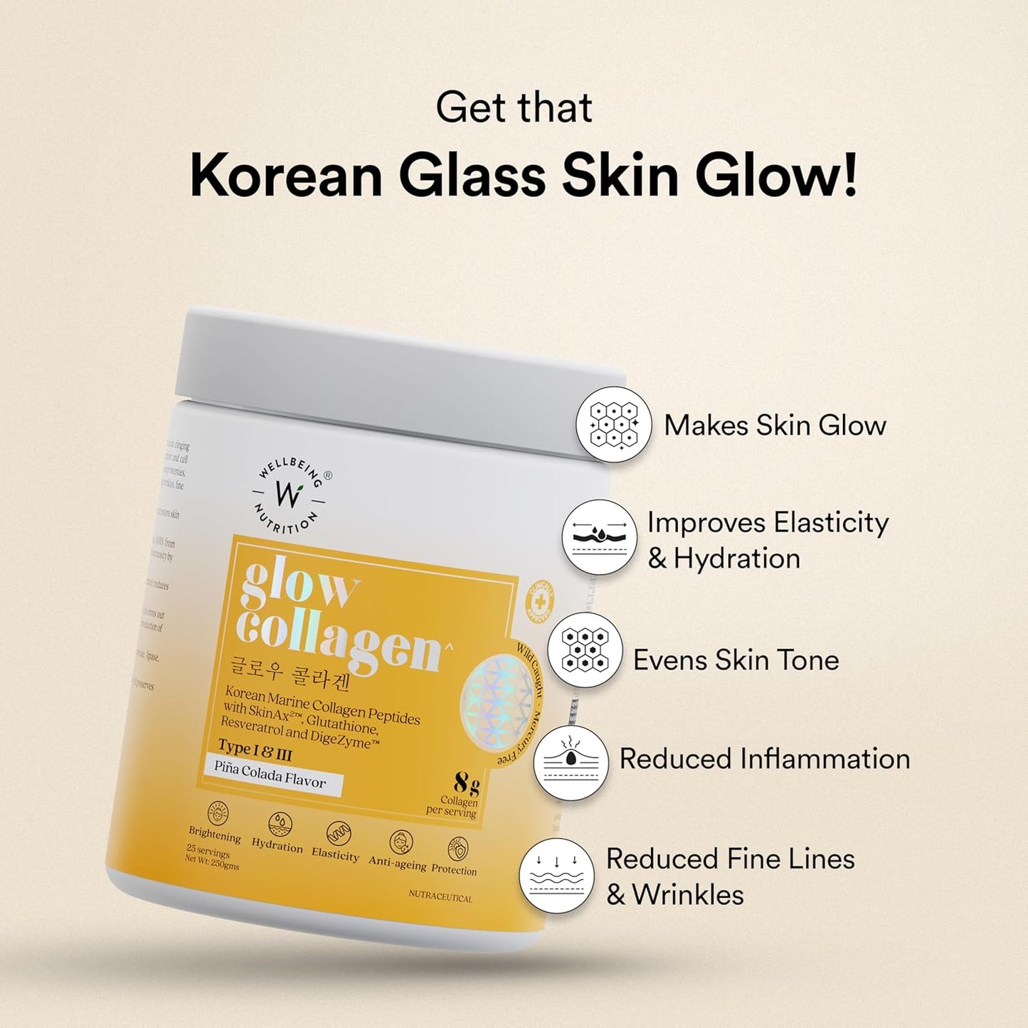 Wellbeing Nutrition Glow Collagen with Glutathione | Collagen Supplements for Women & Men | Marine Collagen Powder with SkinAx², Resveratrol, Bromelain & Goji Berry | 250g - Pina Colada Flavor
