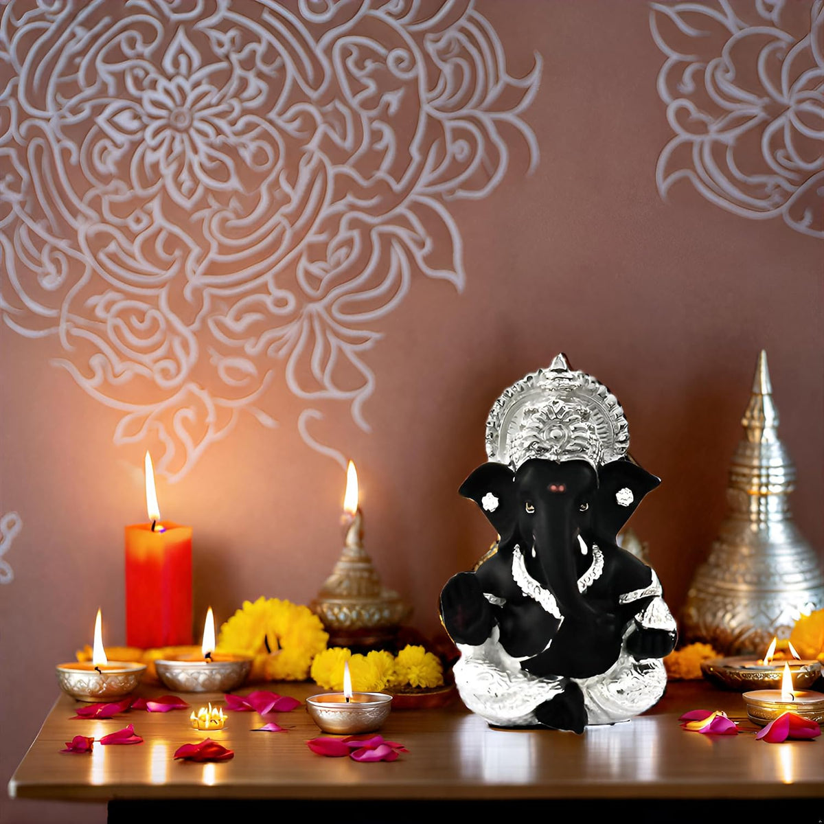 999 Silver Plated Ganesha Idol for Home Decor Puja |Ganesh Idol for Home Decor Ganpati for Gift 3.5 inches |Ganesh Statue Gift for Office Desk Puja Room Figurine (8.89 x 5.08 cm) (Black)