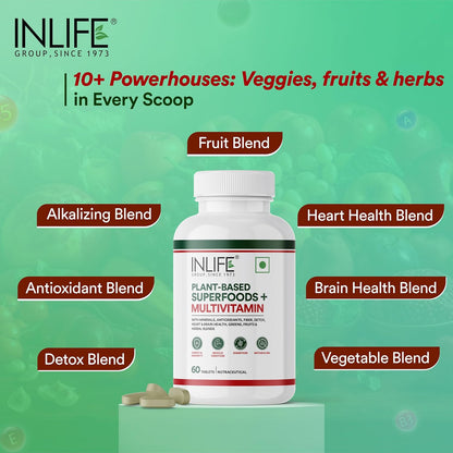 INLIFE Plant Based Multivitamin Tablets for Men & Women | 75+ Ingredients with Vitamins B12, D3, Superfoods, Greens, Vegetables, Fruits & Herbs Supplement for Immuntiy - 60 Tablets (Pack of 1)