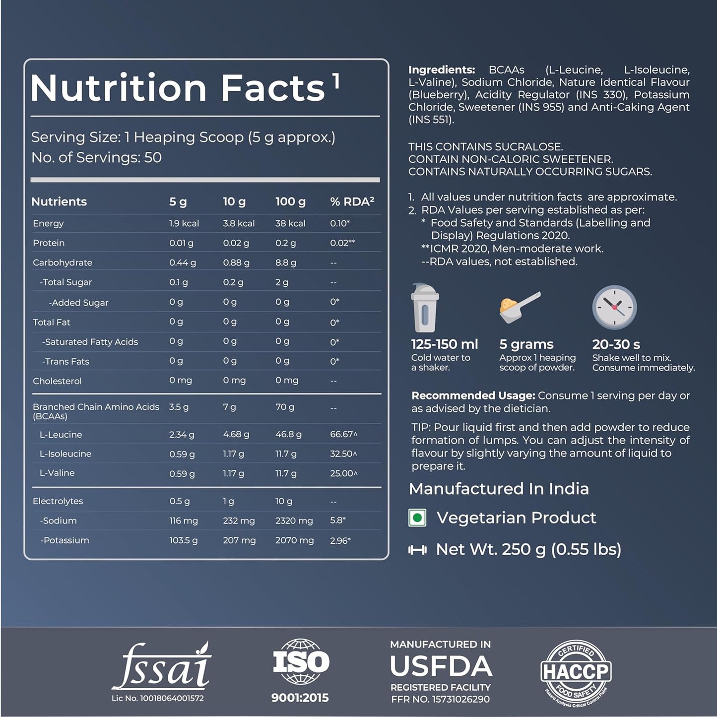 Nutrition facts label for a supplement with various details on a dark blue background