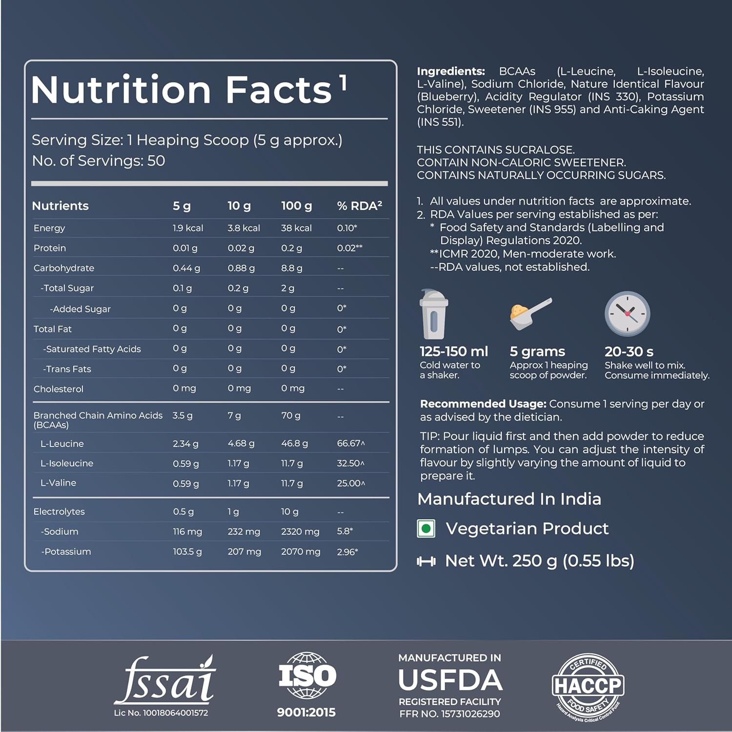 Nutrition facts label for a supplement with various details on a dark blue background