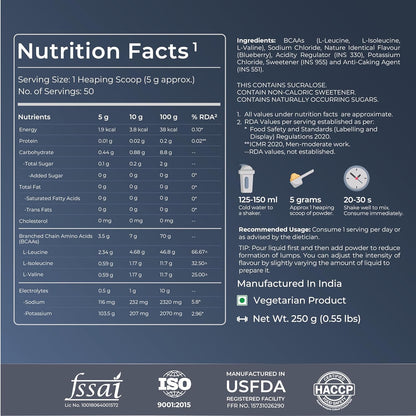 Nutrition facts label for a supplement with various details on a dark blue background