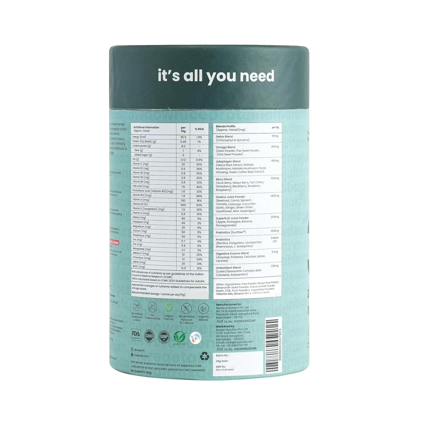 Supply6 360 Ultimate Health Powder for Women & Men | Daily Supplement with 63+Vitamins, Minerals, Probiotics, and Superfoods | Daily Greens | Gut Health supplements, Energy, Immunity (15 Servings)