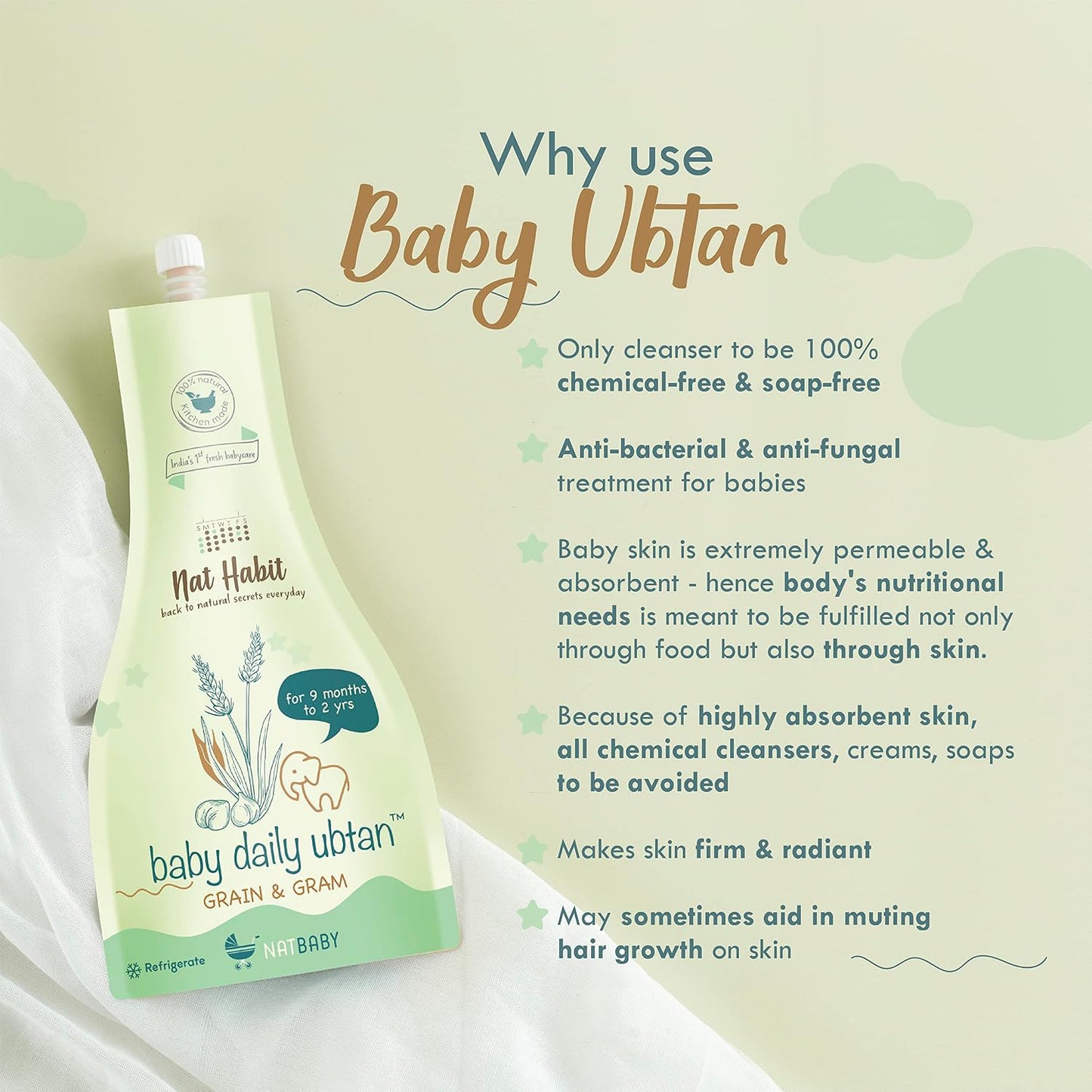 Nat Habit Baby Bath Ubtan with Grain & Gram | Gentle Daily Ubtan for 9 Months to 2 Years Old | Natural, Soap-Free Baby Body Wash | Head to Toe Wash for Babies & Kids | Chemical-Free & Safe, 80g