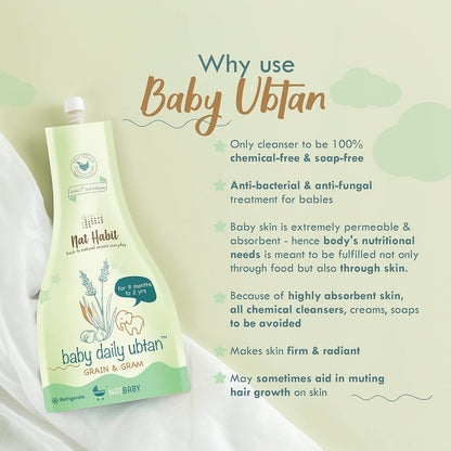Nat Habit Baby Bath Ubtan with Grain & Gram | Gentle Daily Ubtan for 9 Months to 2 Years Old | Natural, Soap-Free Baby Body Wash | Head to Toe Wash for Babies & Kids | Chemical-Free & Safe, 80g