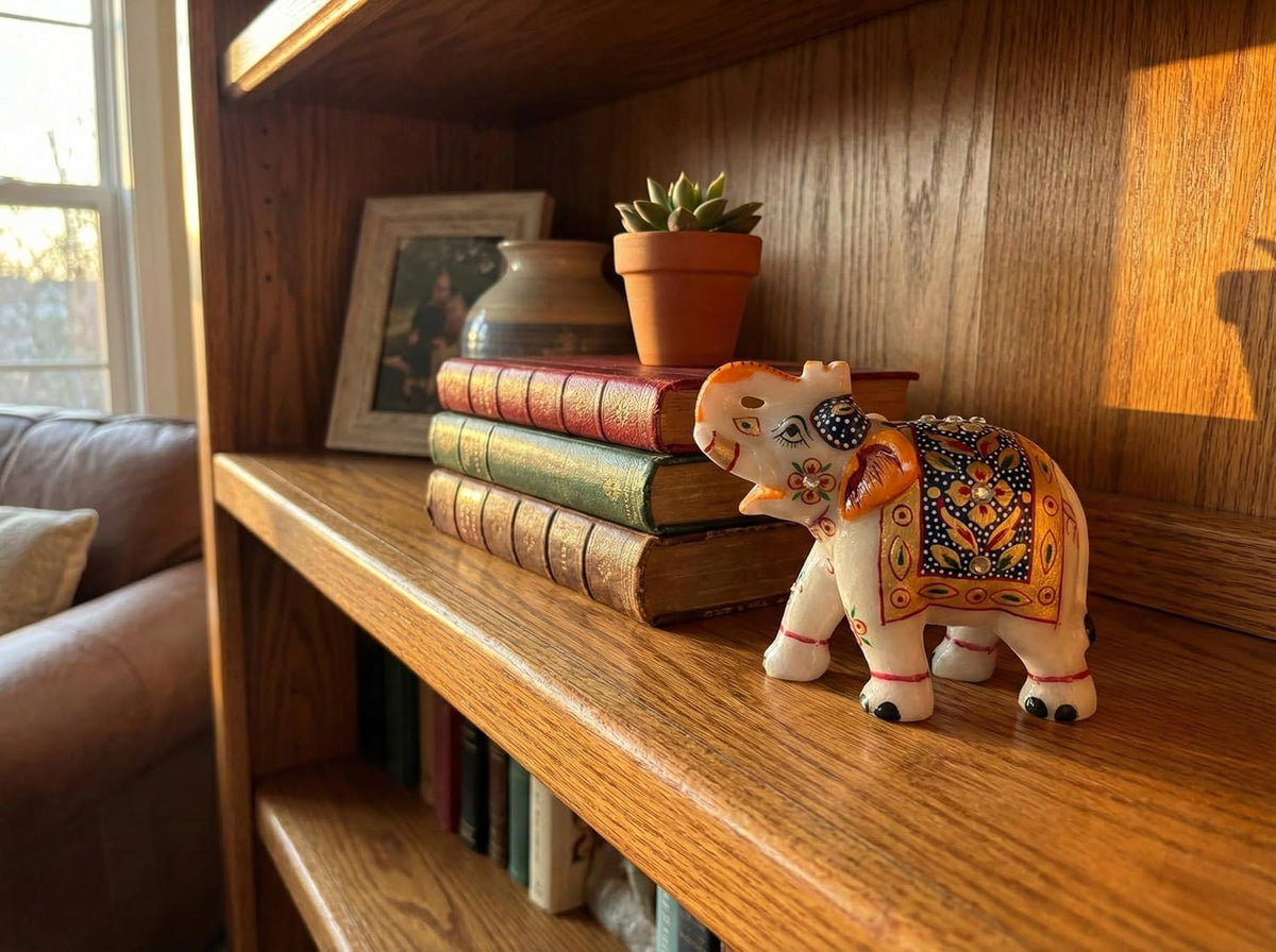 Handcrafted White Marble Elephant Statue with – Trunk Up Elephant Figurine for Vastu, Home Decor, & Mandir – Traditional Rajasthani Handicraft Showpiece - 3"
