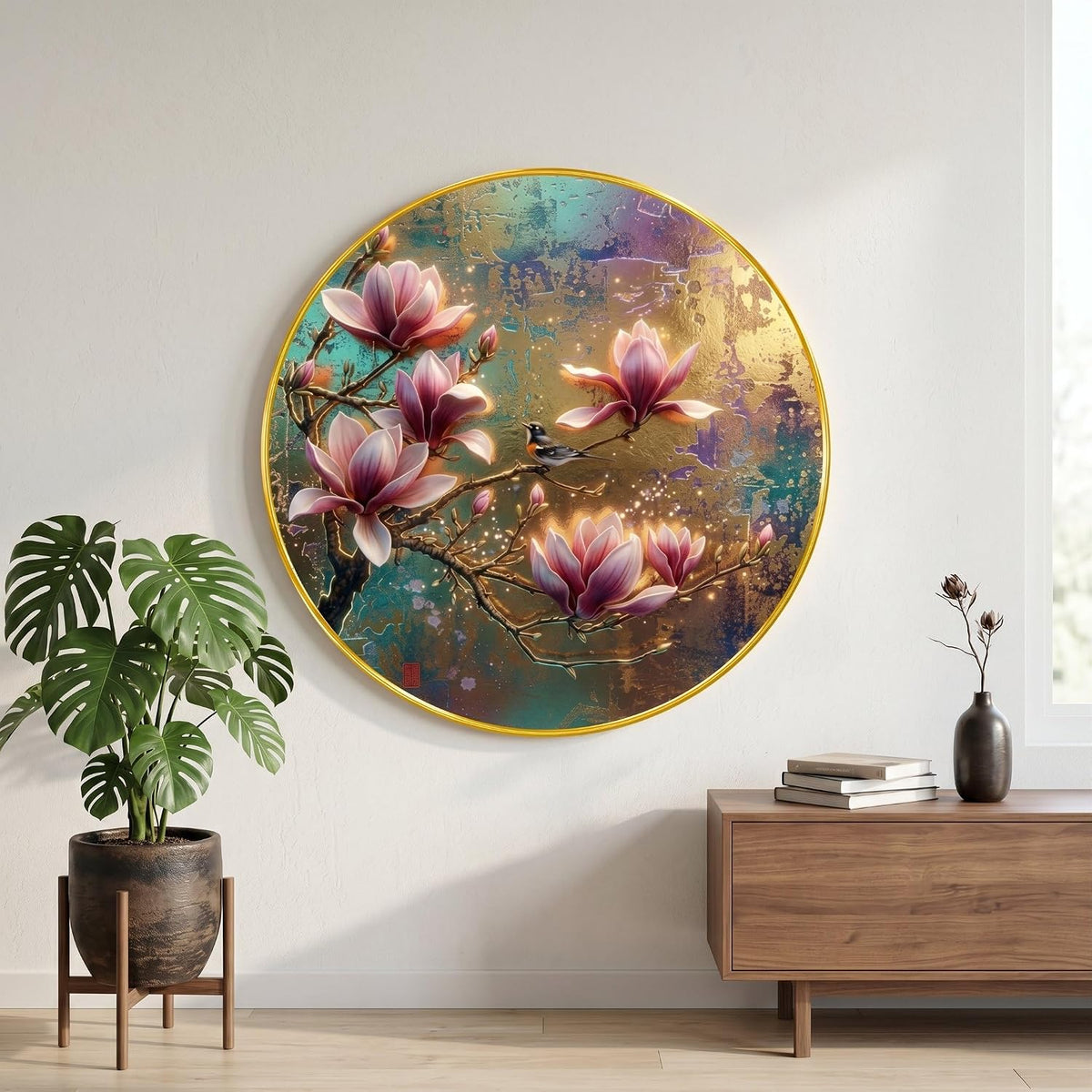 Magnolia Flower Wall Painting with Golden PVC Frame Round Bird Floral Art Modern Luxury Wall Decor for Living Room Bedroom Office Home Decorative Elegant Gift Item (16 x 16 Inch) GRM-360