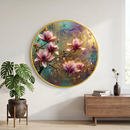 Magnolia Flower Wall Painting with Golden PVC Frame Round Bird Floral Art Modern Luxury Wall Decor for Living Room Bedroom Office Home Decorative Elegant Gift Item (16 x 16 Inch) GRM-360