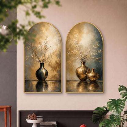 Set of 2 Vase Wall Painting for Living Room, Abstract Floral Modern Artwork, PVC Golden Frame, Arch Shape Wall Decor for Bedroom, Hall, Office & Gift (30 x 32 Inch) RPNL-02-114