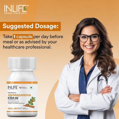 INLIFE Ashwagandha KSM-66 (500 mg) | 60 Capsules | Extra Strength Natural Formulation | Supports Strength, Energy | Withania Somnifera Extract (Pack of 1, 60, count)