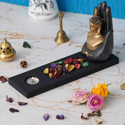 eCraftIndia Grey Golden Resin Palm Buddha Statue Tea Light Candle Holder | Lord Buddha Idol Tea Light Holder | Diwali Decoration Items for Home Decor | Buddha Showpiece Gift for Diwali Housewarming