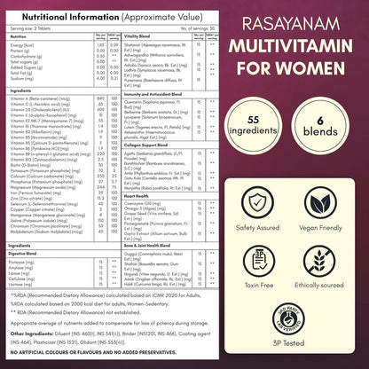 Multivitamin supplement label for women with nutritional information and product details on a purple background.