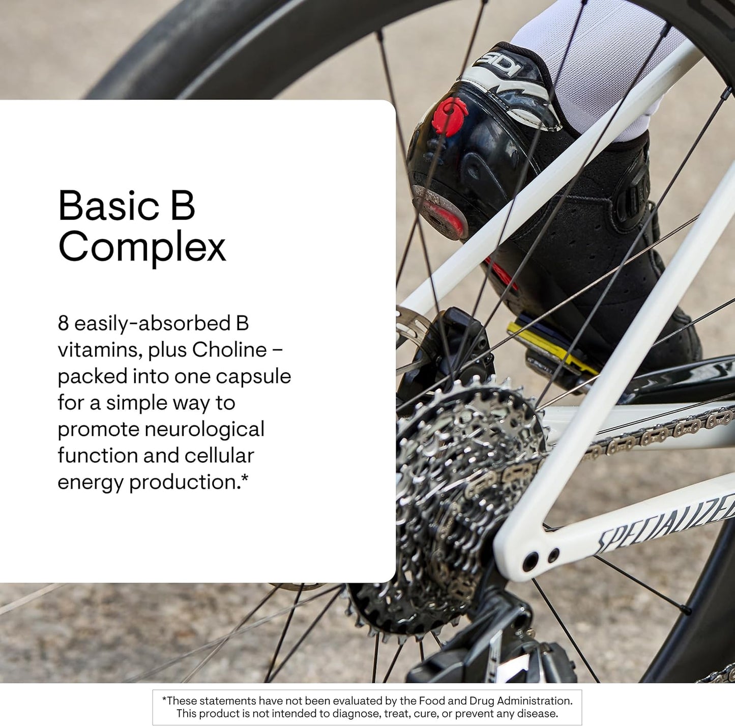 Bicycle wheel with a person wearing cycling shoes, text about Basic B Complex supplement on the left.