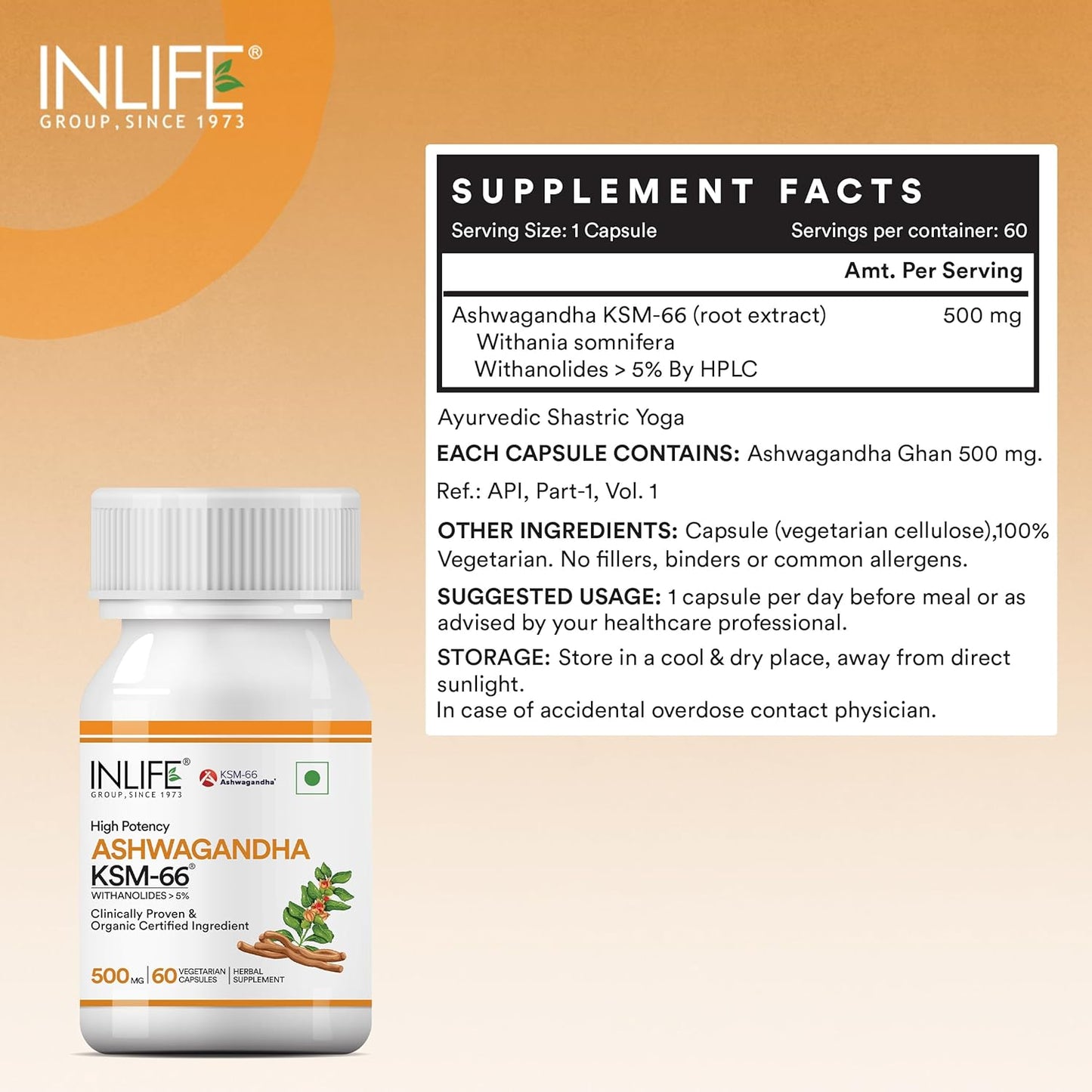 INLIFE Ashwagandha KSM-66 (500 mg) | 60 Capsules | Extra Strength Natural Formulation | Supports Strength, Energy | Withania Somnifera Extract (Pack of 1, 60, count)