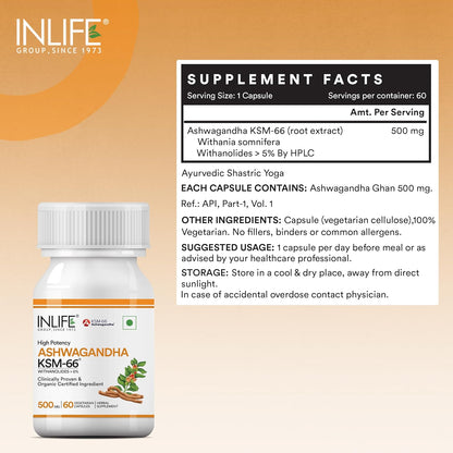 INLIFE Ashwagandha KSM-66 (500 mg) | 60 Capsules | Extra Strength Natural Formulation | Supports Strength, Energy | Withania Somnifera Extract (Pack of 1, 60, count)