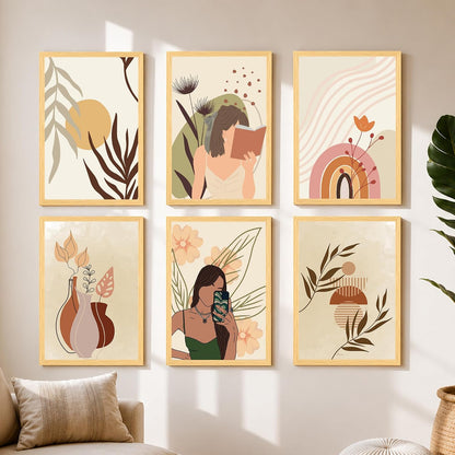Boho Portrait & Abstract Framed Painting Wall Art Set of 6 | Modern Feminine, Botanical & Rainbow Prints | Soft Neutral Tones | Engineered wood Frame Wall Décor, (Size: A3)