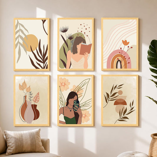 Boho Portrait & Abstract Framed Painting Wall Art Set of 6 | Modern Feminine, Botanical & Rainbow Prints | Soft Neutral Tones | Engineered wood Frame Wall Décor, (Size: A3)