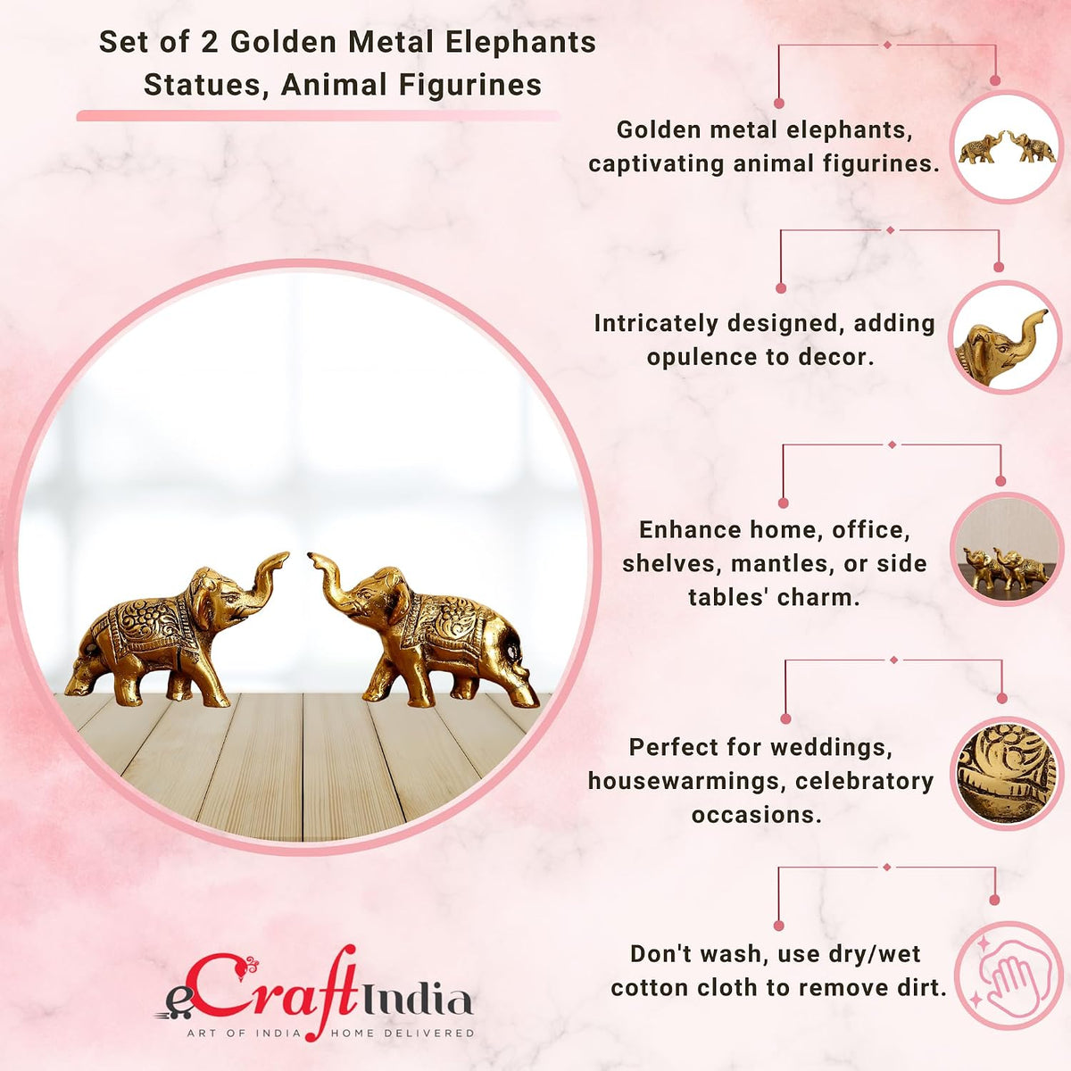 Set of 2 Golden Metal Elephant Statues for Good Luck| Animal Figurines Decorative Elephant Showpieces| Elephant Decorative Items for Home Living Room Office| Gift for Diwali Housewarming