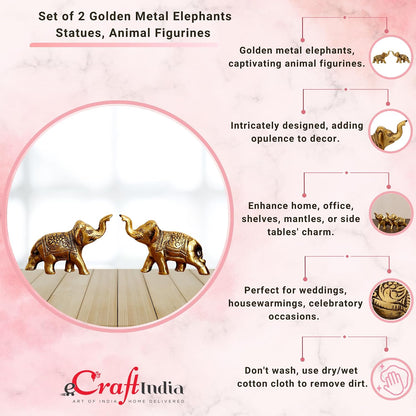 Set of 2 Golden Metal Elephant Statues for Good Luck| Animal Figurines Decorative Elephant Showpieces| Elephant Decorative Items for Home Living Room Office| Gift for Diwali Housewarming