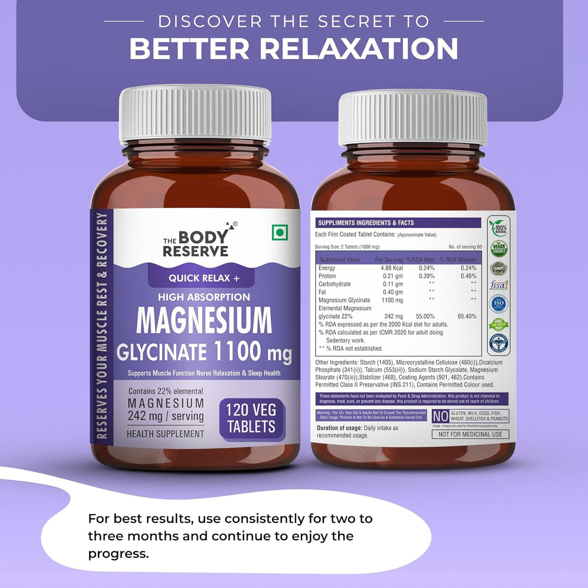 Two bottles of The Body Reserve Magnesium Glycinate supplement on a purple background with text about better relaxation.