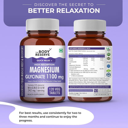 Two bottles of The Body Reserve Magnesium Glycinate supplement on a purple background with text about better relaxation.