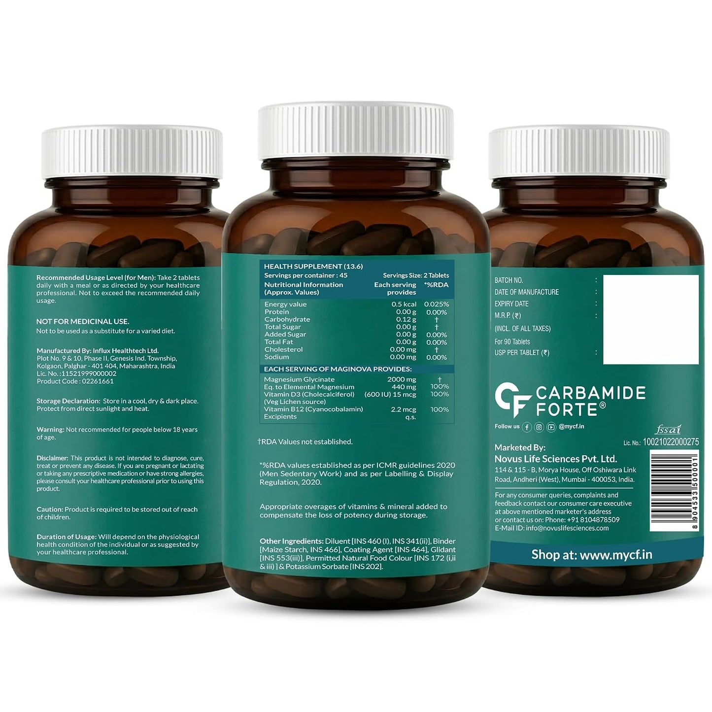 Carbamide Forte Magnesium Glycinate 2000mg Supplement | Magnesium Supplement with Vitamin D3 & B12 | High Absorption Tablets for Muscle Recovery, Sleep, Bone & Nerve Health | 90 Veg Tablets