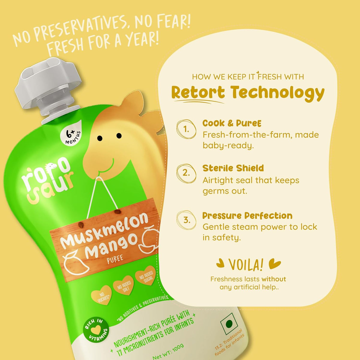 Rorosaur Ready to Eat Muskmelon & Mango Baby Food Puree Pouch 100g Each, Pack of 2 | For 6+ Months Babies & Toddlers | 100% Natural, No Added Sugar, No Preservatives