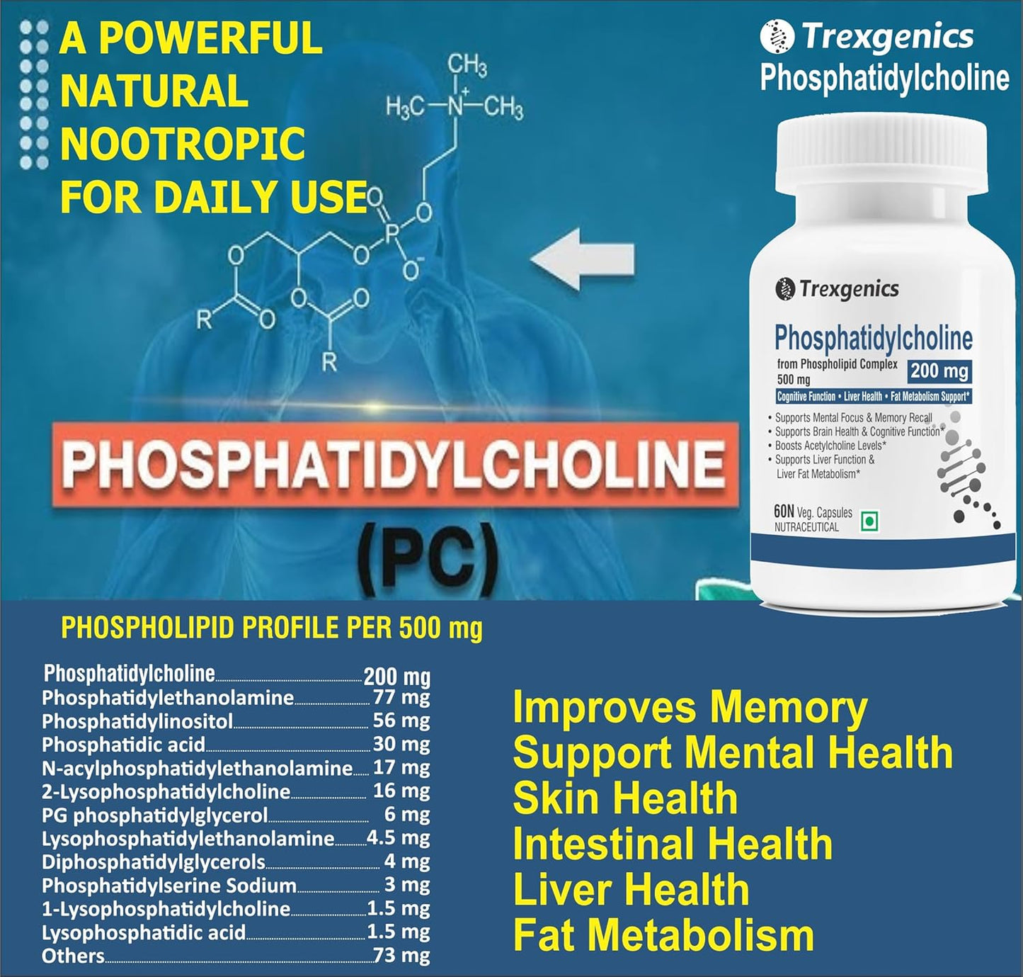 Trexgenics PHOSPHATIDYLCHOLINE 200 mg from Phospholipid Complex 500 mg, Cognitive Function, Liver and Brain Health, Fat Metabolism Support (60 Veg Capsules) (Pack of 1)
