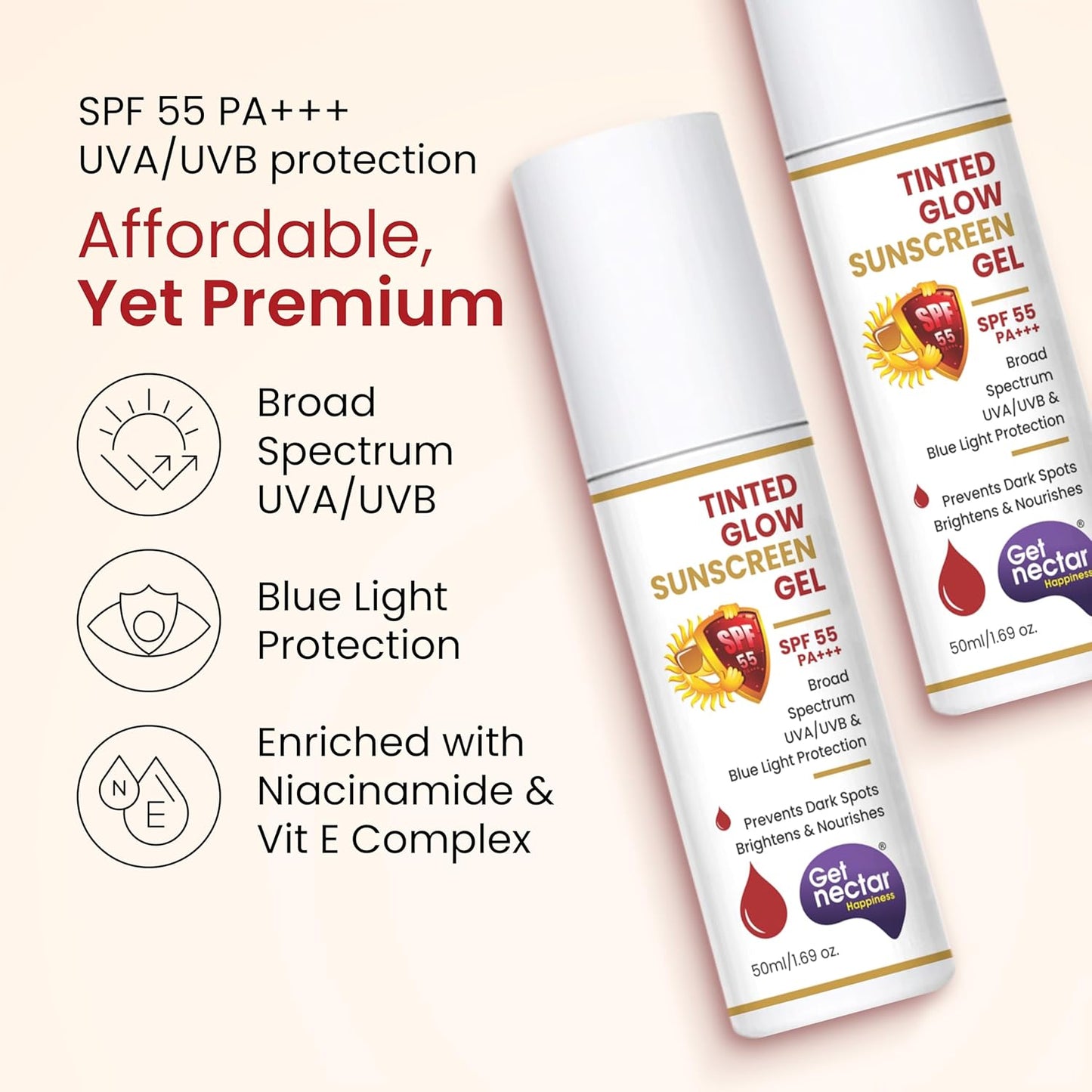 Two bottles of Tinted Glow Sunscreen Gel with product details on a beige background