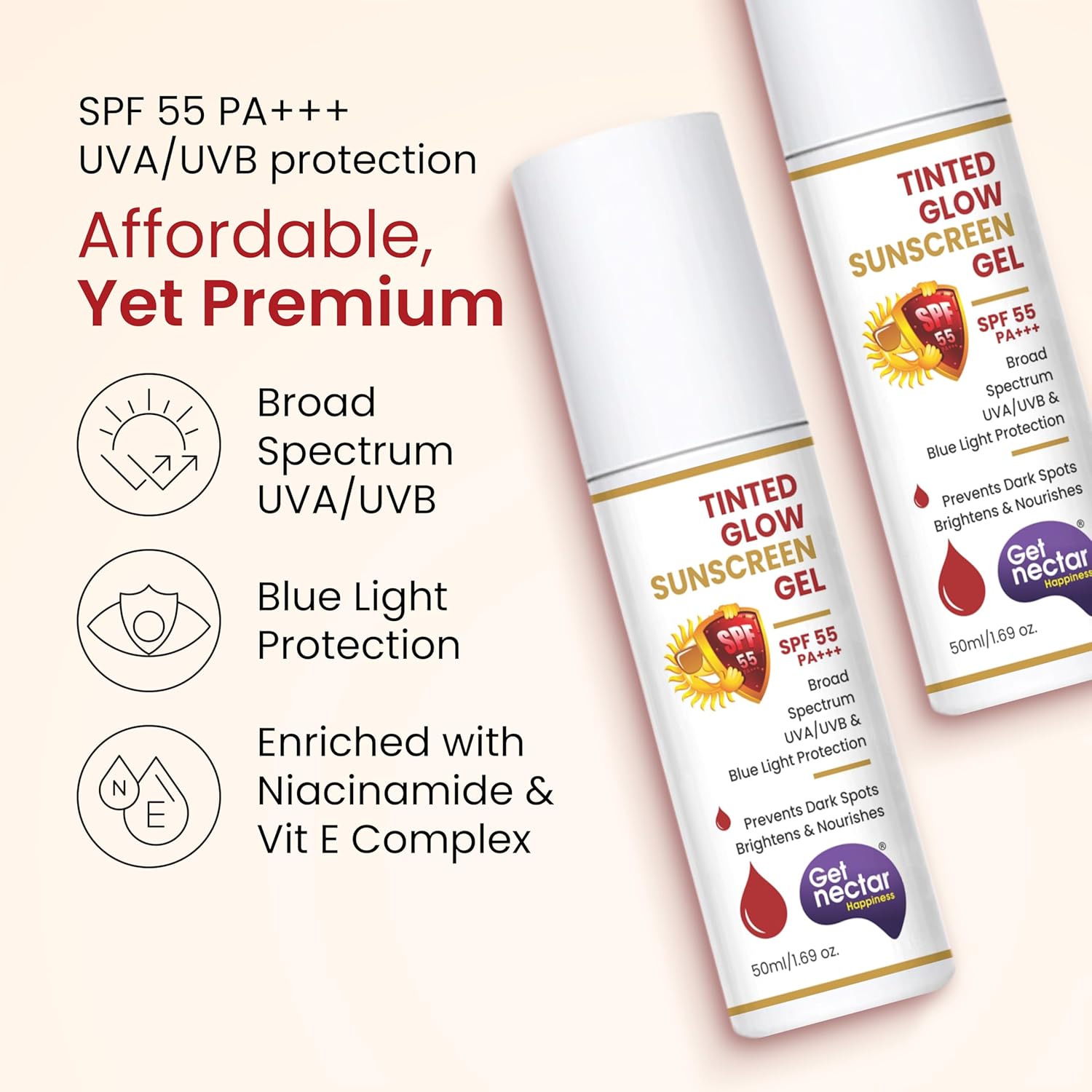Two bottles of Tinted Glow Sunscreen Gel with product details on a beige background