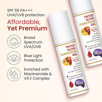 Two bottles of Tinted Glow Sunscreen Gel with product details on a beige background