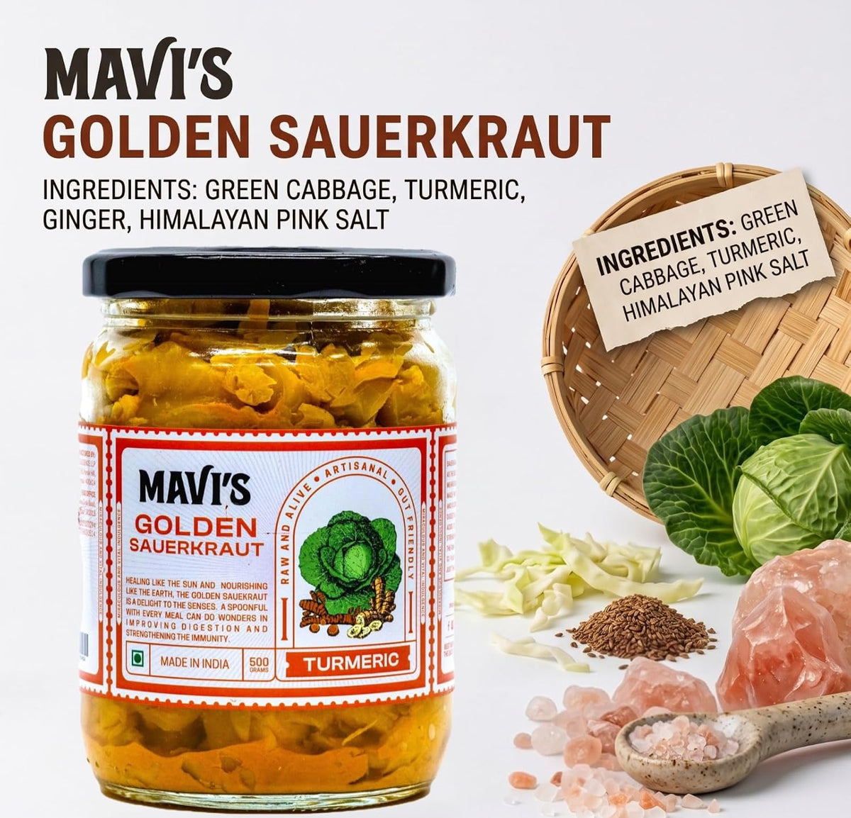 MAVI's Golden Sauerkraut| Spicy, Organic & Natural Cabbage & Fresh Turmeric | Gut friendly | 100% Natural & Vegan | No Preservatives | No Artificial Flavour or Colour | 500g (Pack of 1)