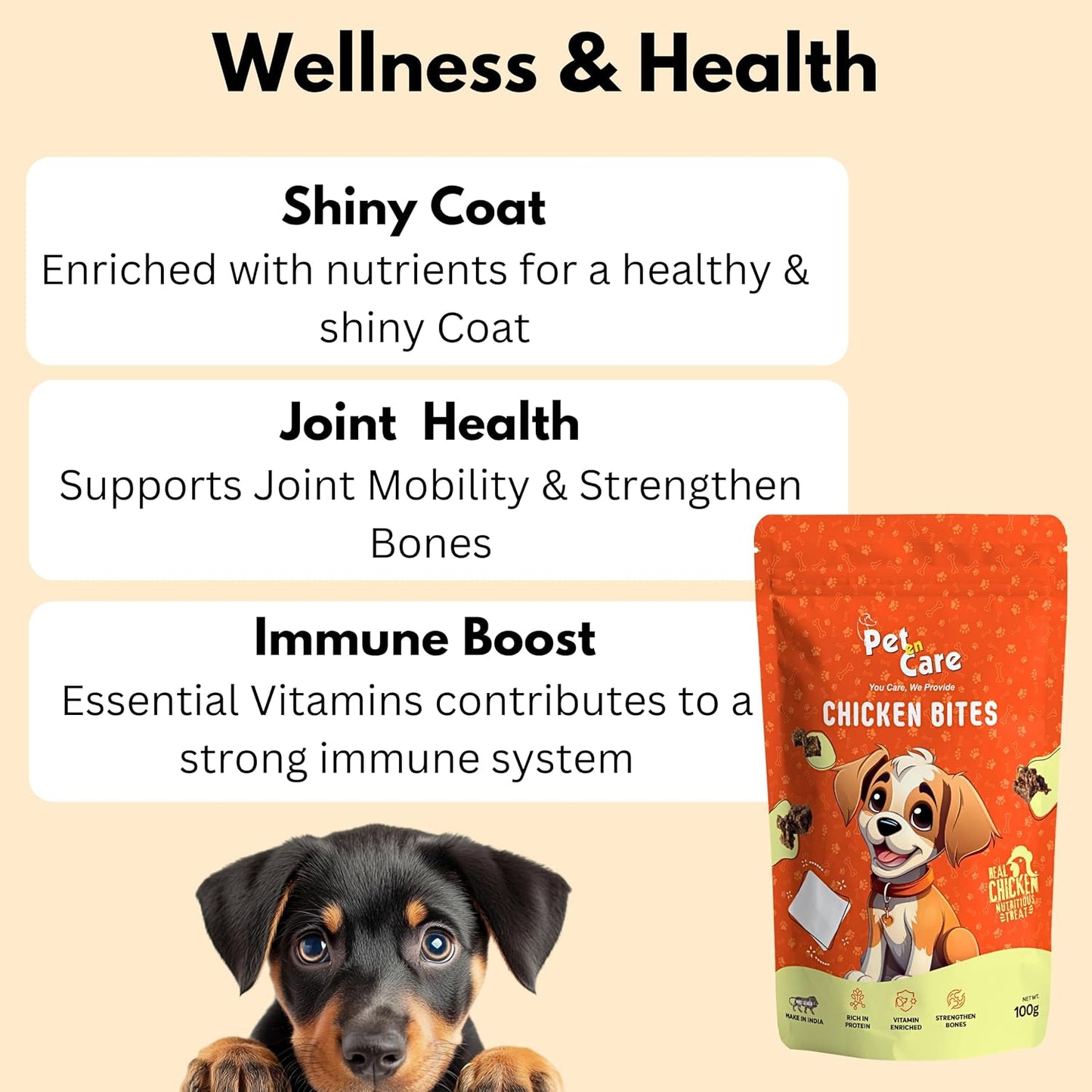 Pet en Care Chicken Bites Dog Treats, 100 gm | Protein Rich | Vitamin Enriched | All Breeds and Sizes