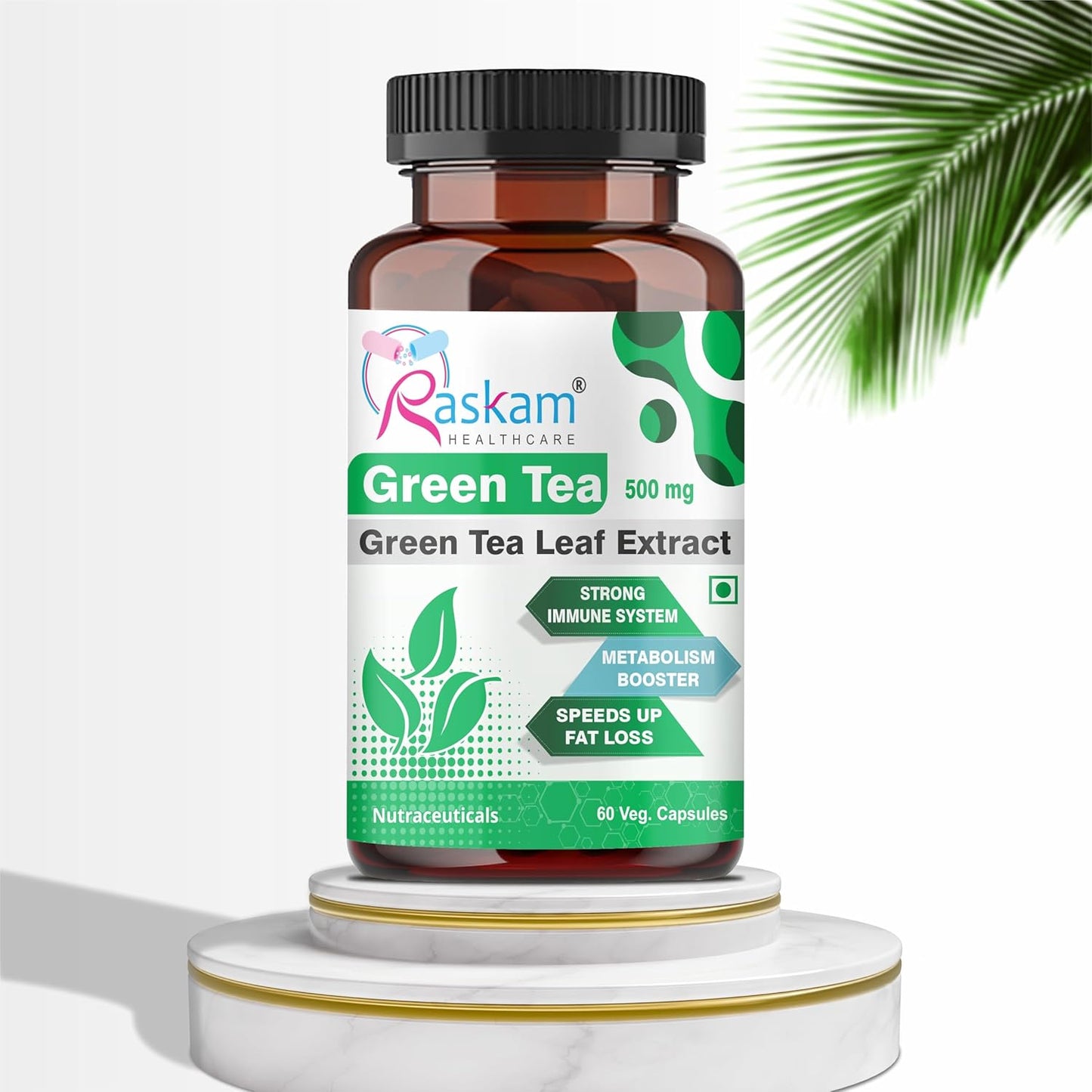 Bottle of Raskam Green Tea Leaf Extract on a white background with green leaves.