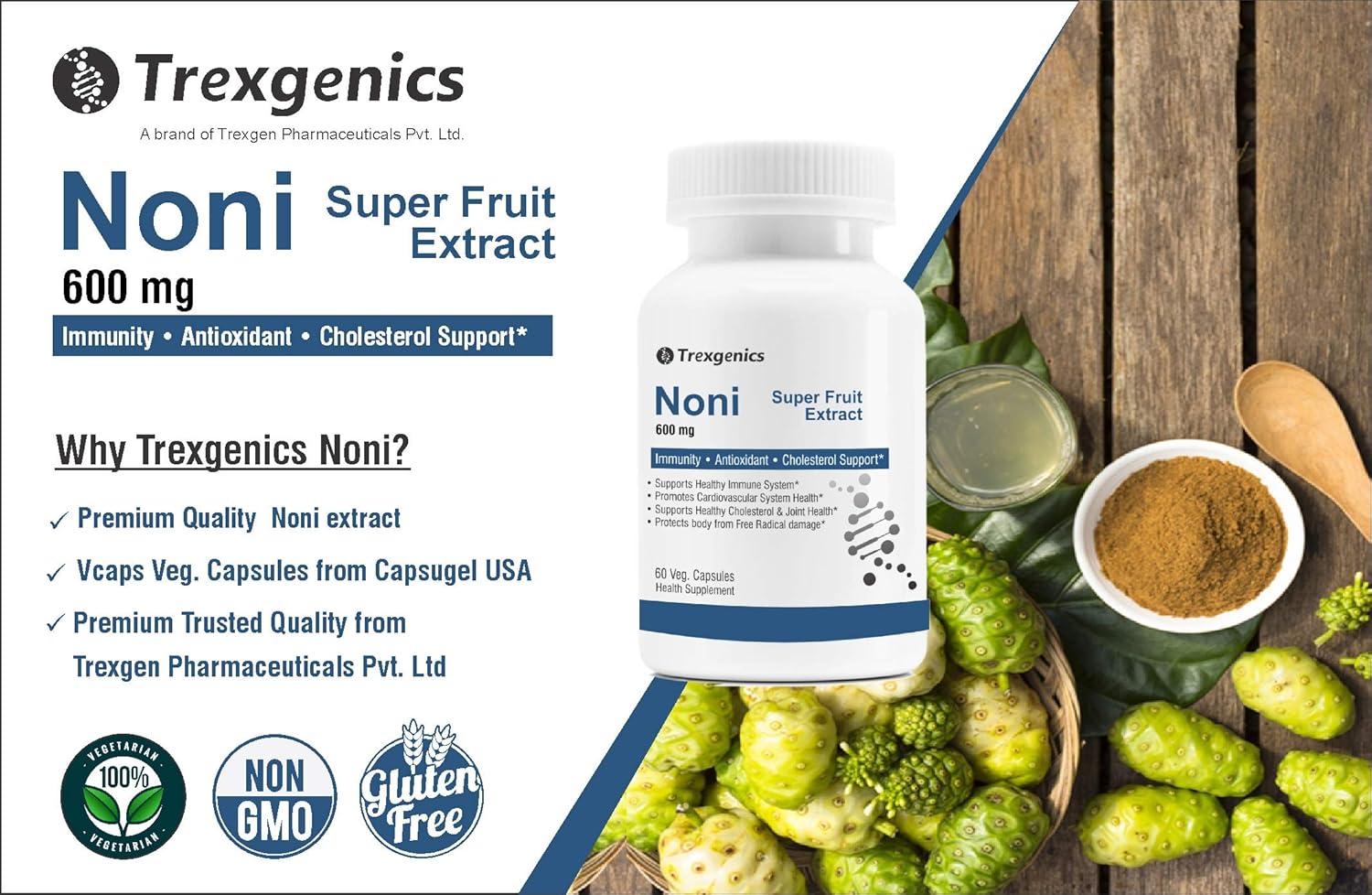 Trexegenics Noni Super Fruit Extract supplement packaging with ingredients on a wooden background