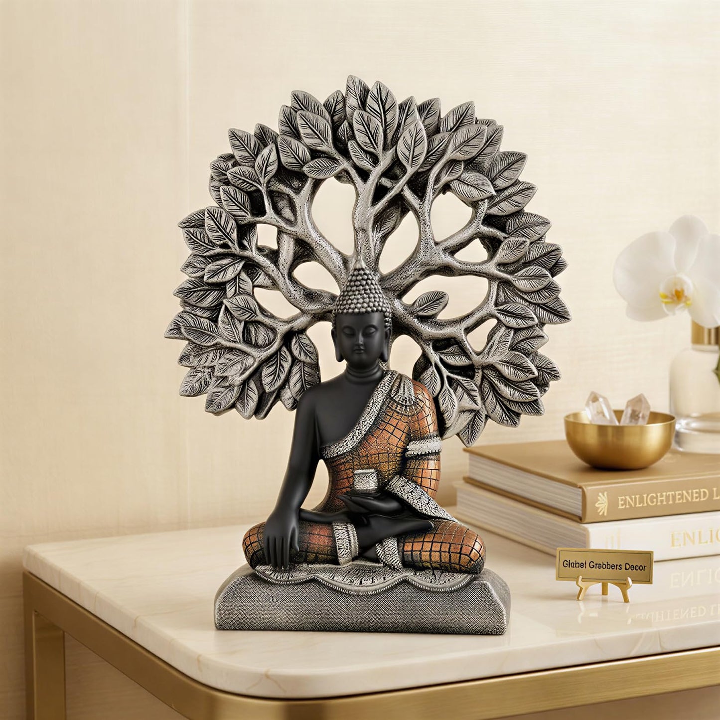 Global Grabbers Buddha Statue Showpiece Idol Home Decor Decoration Items for Living Room and Gifts (Silver Black Copper)