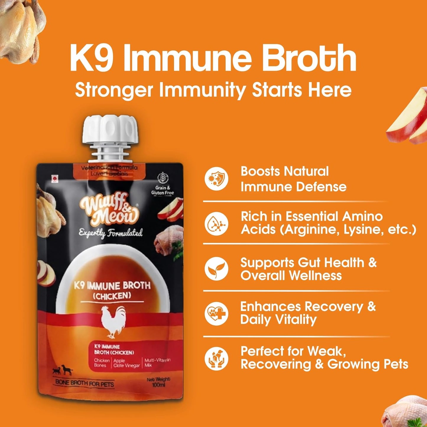 Wuuff & Meow Chicken Bone Broth for Dogs – K9 Immune | Natural Immunity & Gut Health Support Bone Broth for Dogs | Hydrating Pet Supplement (100 g (Pack of 1))