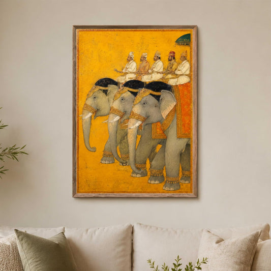 Royal Elephant Procession Wall Painting for Living Room Bedroom Hall Office Decor, Vintage Indian Artwork with Sparkle Laminate and Premium Wooden Synthetic Frame (13.5 x 19.5 Inch) NM01-4114