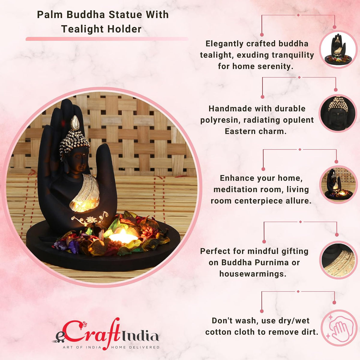 eCraftIndia Black Golden Resin Palm Buddha Statue Potpourri Tea Light Holder| Lord Buddha Statue for Living Room| Gautam Buddha Idol for Home Decor| Showpiece for Diwali Buddha Purnima Housewarming