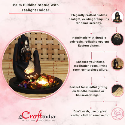 eCraftIndia Black Golden Resin Palm Buddha Statue Potpourri Tea Light Holder| Lord Buddha Statue for Living Room| Gautam Buddha Idol for Home Decor| Showpiece for Diwali Buddha Purnima Housewarming