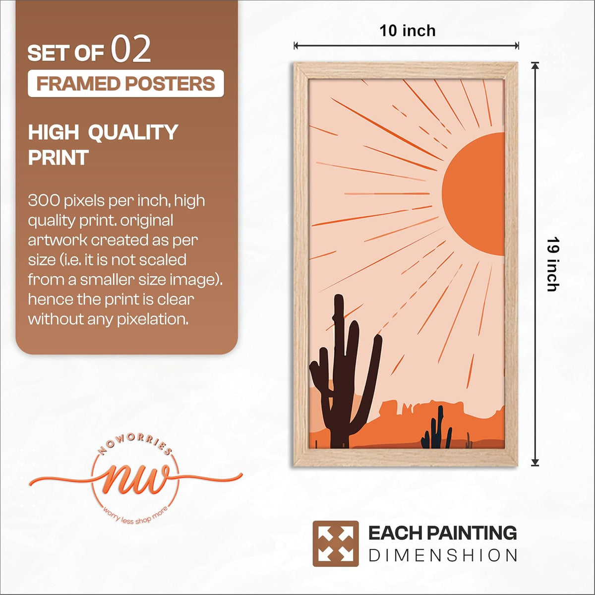 Minimalist Desert Wall Art Set of 2, Sun & Moon Cactus Landscape Prints with Wooden Frames, Boho Neutral Scandinavian Decor for Living Room, Bedroom & Office (10x19 Inch, Art-11)