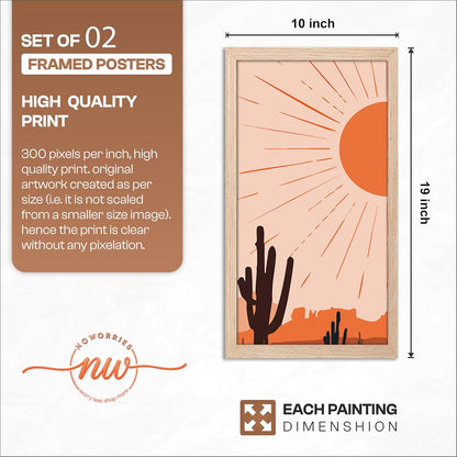 Minimalist Desert Wall Art Set of 2, Sun & Moon Cactus Landscape Prints with Wooden Frames, Boho Neutral Scandinavian Decor for Living Room, Bedroom & Office (10x19 Inch, Art-11)