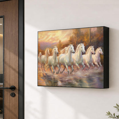 Electric MCB Box Cover Frame With Hydraulic Decorative Painting White 7 Running Horse Painting Electrical Panel box Cover, Switch Box Frame Will Fit Max 10x14 inch Switch Board, Outer Size 13X17 Inch
