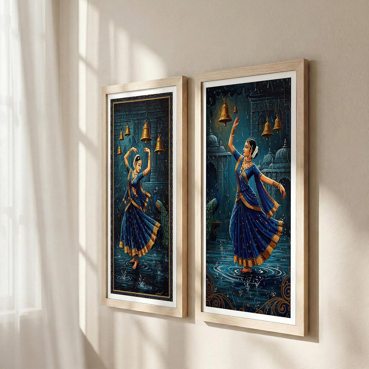 Classical Indian Dance Wall Art Set of 2 Frames Prints | Traditional Bharatanatyam Kathak Dance Framed Painting, Peacock & Temple Theme Artwork Frame| Premium Cultural Wall Decor for Living Room Bedroom Office Home (Art-5, 10x19inch, Wooden)